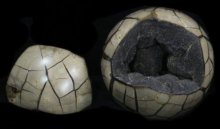 Polished Septarian Puzzle Geode - Black Crystals #33729